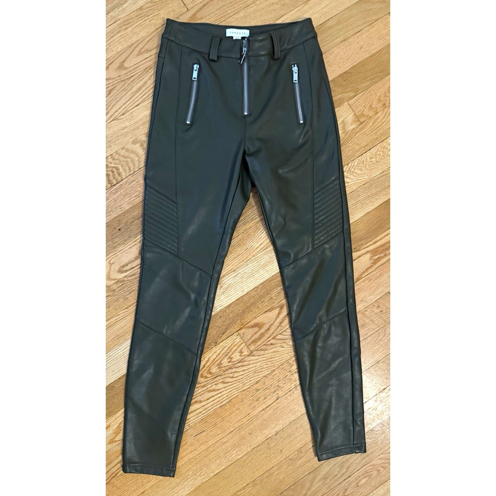 Topshop Women's Green Faux Leather Skinny Pants Size 4 Zip Pockets Quilted